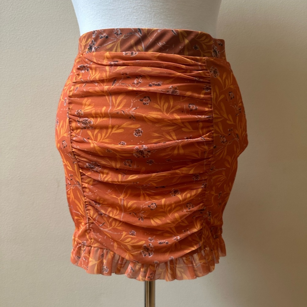 Free People Orange Fitted Mini Skirt Ruched Casual